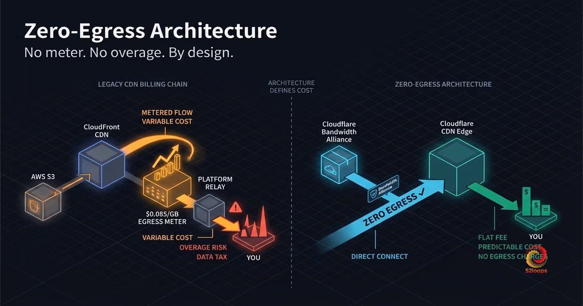 Technical blueprint showing zero-egress data flow: Cloudflare R2 to CDN edge with no metered billing chain